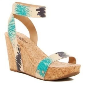 Lucky Brand Mcdowell Cork Wedge Sandal Faux Snakeskin Size 9.5M EUC